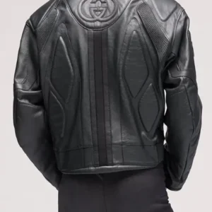 BTS Jin Gucci Primavera GG Black Embossed Leather Motorcycle Biker Jacket