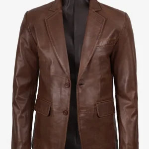 Casual Sheepskin Leather Brown Blazer Coat Front Look