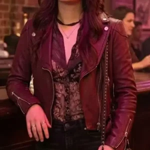 Charlie Harper Emilia Jones Asymmetric Style Maroon Biker Leather Jacket
