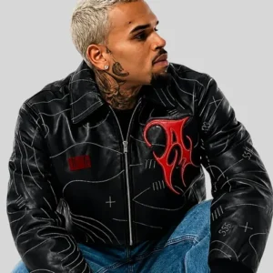 Chris Brown Auracles x Pelle Pelle Topography Black Leather Bomber Jacket On Sale