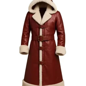 Christmas Red Leather Shearling Hooded Coat