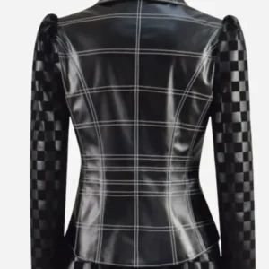 Cruella Emma Stone Black Leather Corset Plaid Checkered Jacket On Sale