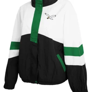 Erin Andrews Philadelphia Eagles Crinkle Black and White Full-Snap Hooded Windbreaker Jacket On Sale