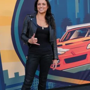 Michelle Rodriguez Fast and Furious 25th Anniversary Black Biker Cropped Leather Jacket For Sale