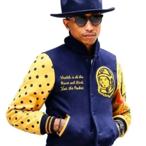 Pharrell Williams Navy Blue and Yellow Varsity Jacket For Men and Women