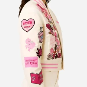 Plastics Apparel Mean Girls Burn Book Pink Varsity Bomber Jacket For Sale