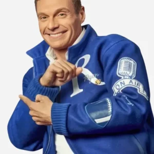 Shop American Idol Ryan Seacrest Air Branding Blue Wool Varsity Jacket On Sale