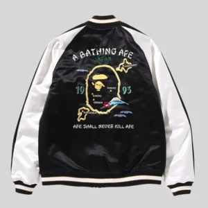 Shop BAPE Japan Souvenir Black and White Satin Bomber Jacket