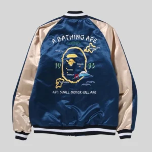Shop BAPE Japan Souvenir Blue and Off-White Satin Bomber Jacket