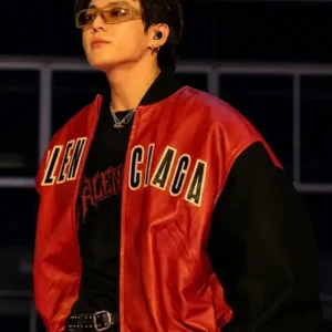 Shop BTS Jungkook Balenciaga Red Leather Jacket For Sale