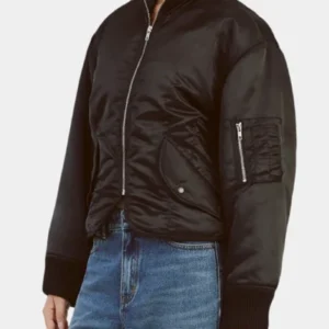 Shop Bardot Fitted Black Satin Bomber Jacket