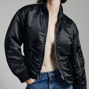 Shop Bardot Fitted Black Satin Bomber Jacket For Sale