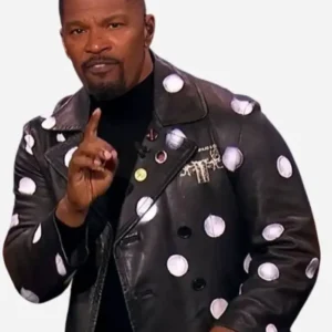 Shop Beat Shazam S08 Jamie Foxx Polka Dot Black Leather Coat On Sale