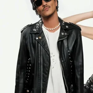 Shop Bruno Mars Apt Song Black Studded Leather Motorcycle Jacket On Sale
