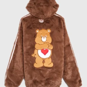Shop Care Bears x Adidas 2026 Women’s Brown Faux Fur Hooded Zip-Up Jacket