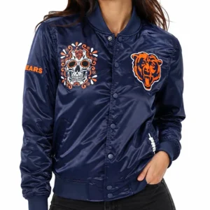 Shop Chicago Bears Dia De Muertos Eternal Skull Navy Blue Satin Jacket For Men and Women