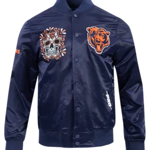 Shop Chicago Bears Dia De Muertos Eternal Skull Navy Blue Satin Jacket For Sale