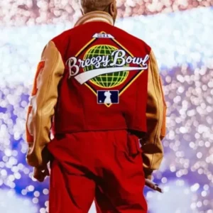Shop Chris Brown Breezy Bowl XX Red & White Full Snap Letterman Varsity Jacket For Sale