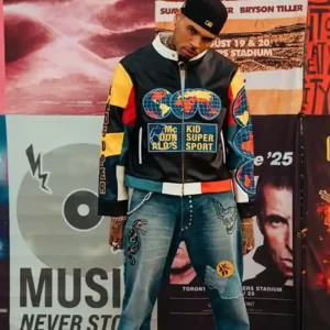 Shop Chris Brown KidSuper x McDonald’s Black Moto Cafe Racer Leather Jacket For Sale