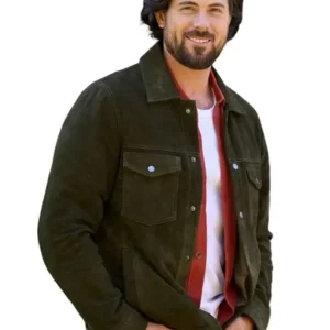 Shop Chris McNally TV Series Love Finds You 2026 Jack Green Suede Leather Trucker Jacket On Sale