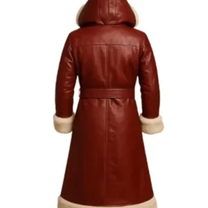 Shop Christmas Red Genuine Leather Shearling Hooded Trench Coat for Sale