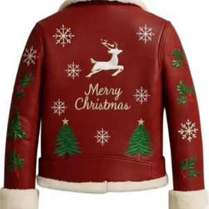 Shop Christmas Reindeer and Snow Flakes Embroidered Red Shearling Biker Leather Jacket For Sale