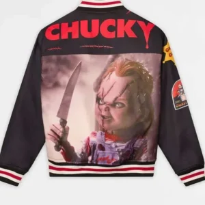 Shop Chucky Snitches Get Stitches Wanna Play Black Varsity Bomber Jacket