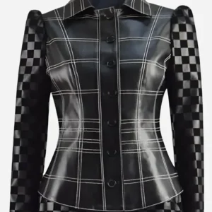 Shop Cruella Emma Stone Black Leather Corset Plaid Checkered Jacket On Sale