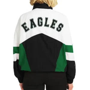 Shop Erin Andrews Philadelphia Eagles Crinkle Black and White Full-Snap Hooded Windbreaker Jacket On Sale