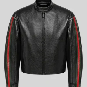 Shop EsDeeKid Gucci Primavera Side Strips Black Leather Jacket
