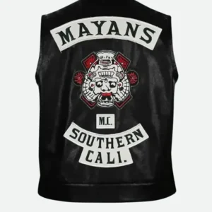Shop Ezekiel Reyes TV Series Mayans MC Prospect Santo Padre Black Leather Motorcycle Vest On Sale