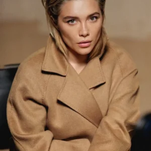 Shop Florence Pugh 2026 Fragrance Launch Camel Wool Long Coat On Sale