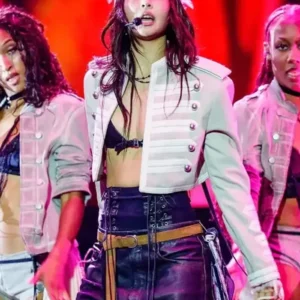 Shop Jennie Lollapalooza Festival 2026 Grey Cropped Wool Military Jacket
