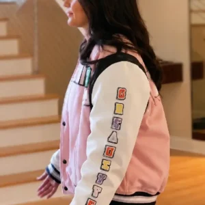 Shop Jersey Shore Family Vacation S09 Jenni Farley Pink and White Varsity Jacket On Sale