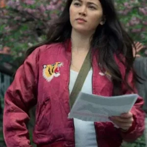 Shop Jessica Henwick TV Series Iron Fist Colleen Wing Red Bomber Varsity Tiger Logo Jacket