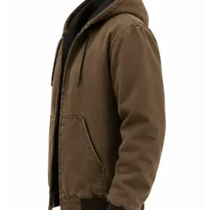 Shop Lucky 2026 Drew Starkey Washed Olive Brown Canvas Hooded Workwear Bomber Jacket On Sale