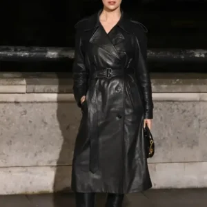 Shop Marisa Abela London Fashion Week 2026 Black Leather Trench Coat On Sale