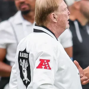 Shop Mark Davis Preseason 2026 Raiders White Satin Bomber Jacket