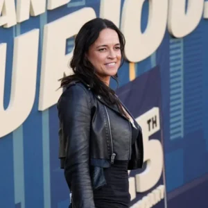 Shop Michelle Rodriguez Fast and Furious 25th Anniversary Black Biker Cropped Leather Jacket For Sale
