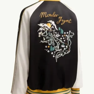 Shop Moncler x Fragment Yūgō Embroidered Souvenir Black and White Satin Varsity Jacket For Men and Women