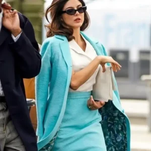 Shop Monica Barbaro Ocean’s Eleven 2026 Blue Wool Coat