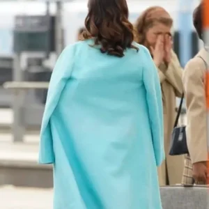 Shop Monica Barbaro Ocean’s Eleven 2026 Blue Wool Coat For Women