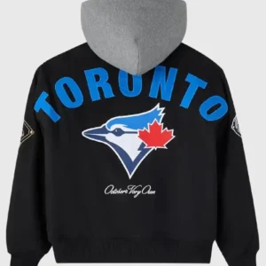 Shop OVO Toronto Blue Jays Insulated Twill Black Hooded Bomber Jacket For Sale