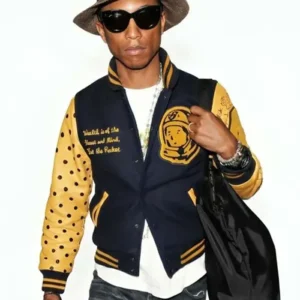 Shop Pharrell Williams Navy Blue and Yellow Varsity Jacket For Men and Women