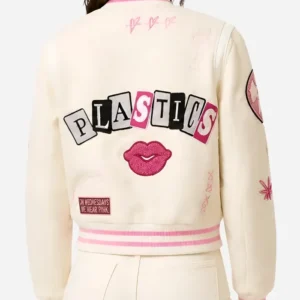Shop Plastics Apparel Mean Girls Burn Book Pink Varsity Bomber Jacket For Sale