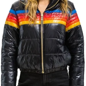 Shop Rebecca Lowe TV Series Ted Lasso S4 Rainbow Stripes Black Puffer Jacket