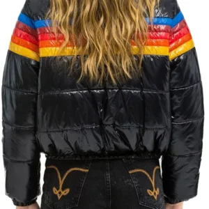 Shop Rebecca Lowe TV Series Ted Lasso S4 Rainbow Stripes Black Puffer Jacket For Men and Women