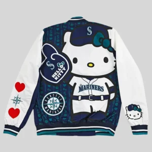 Shop Seattle Mariners Hello Kitty Navy and White Satin Bomber Jacket For Men and Women