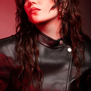 Shop Sophie Thatcher Agosto 2026 Black Leather Jacket For Sale