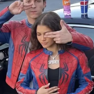Shop Spider-Man Brand New Day 2026 Tom Holland And Zendaya Red and Blue Leather Jacket